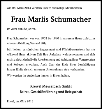 Anzeige von Marlis Schumacher von Kölner Stadt-Anzeiger / Kölnische Rundschau / Express