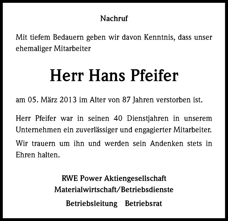  Traueranzeige für Hans Pfeifer vom 22.03.2013 aus Kölner Stadt-Anzeiger / Kölnische Rundschau / Express