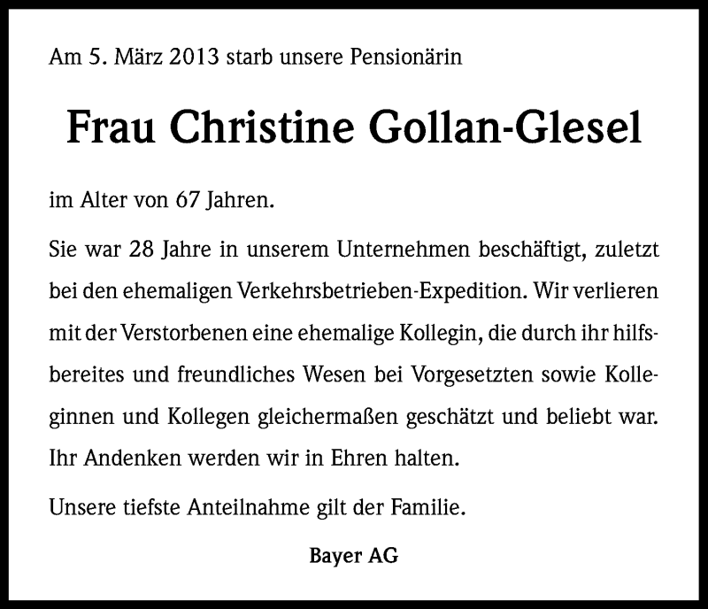  Traueranzeige für Christine Gollan-Glesel vom 14.03.2013 aus Kölner Stadt-Anzeiger / Kölnische Rundschau / Express