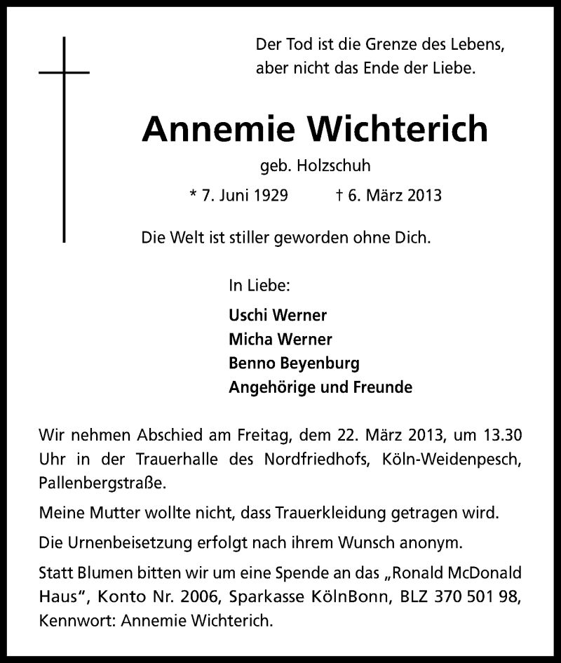  Traueranzeige für Annemie Wichterich vom 18.03.2013 aus Kölner Stadt-Anzeiger / Kölnische Rundschau / Express