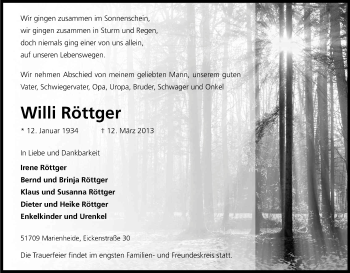 Anzeige von Willi Röttger von Kölner Stadt-Anzeiger / Kölnische Rundschau / Express