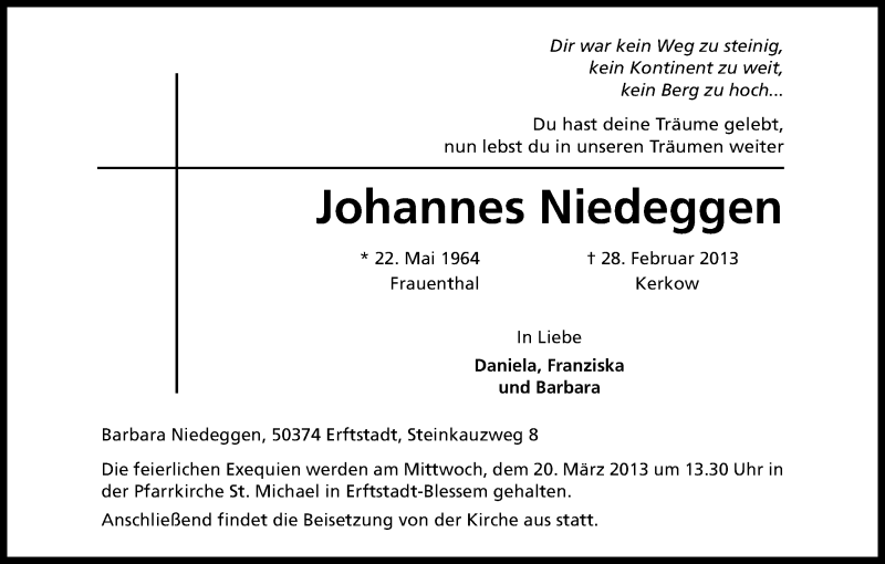  Traueranzeige für Johannes Niedeggen vom 16.03.2013 aus Kölner Stadt-Anzeiger / Kölnische Rundschau / Express