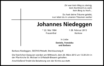 Anzeige von Johannes Niedeggen von Kölner Stadt-Anzeiger / Kölnische Rundschau / Express