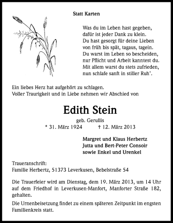 Anzeige von Edith Stein von Kölner Stadt-Anzeiger / Kölnische Rundschau / Express