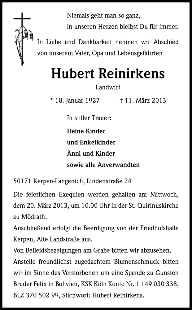  Traueranzeige für Hubert Reinirkens vom 16.03.2013 aus Kölner Stadt-Anzeiger / Kölnische Rundschau / Express