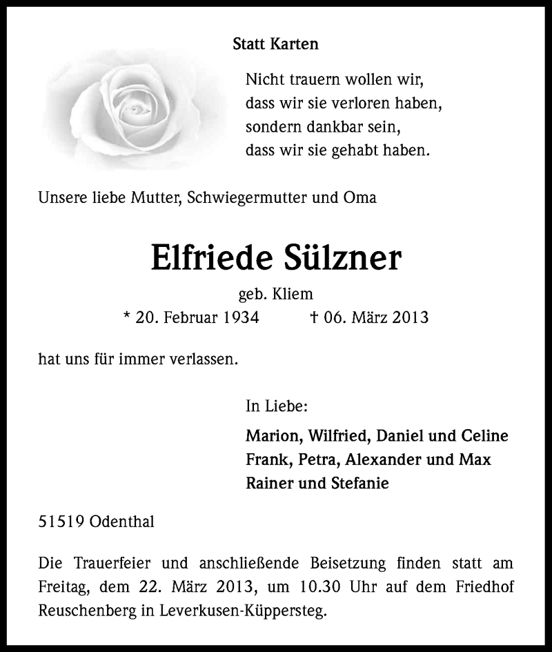  Traueranzeige für Elfriede Sülzner vom 15.03.2013 aus Kölner Stadt-Anzeiger / Kölnische Rundschau / Express