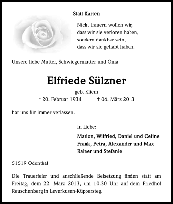Anzeige von Elfriede Sülzner von Kölner Stadt-Anzeiger / Kölnische Rundschau / Express