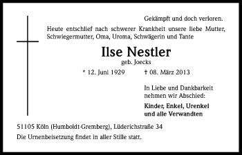 Anzeige von Ilse Nestler von Kölner Stadt-Anzeiger / Kölnische Rundschau / Express