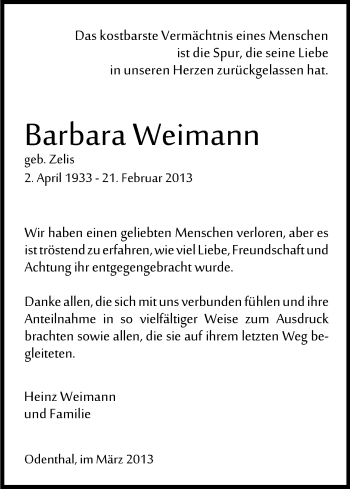 Anzeige von Barbara Weimann von Kölner Stadt-Anzeiger / Kölnische Rundschau / Express