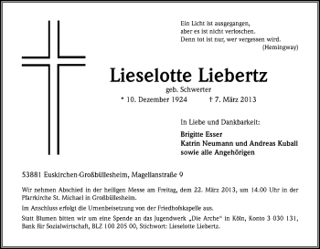 Anzeige von Lieselotte Liebertz von Kölner Stadt-Anzeiger / Kölnische Rundschau / Express