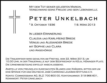Anzeige von Peter Unkelbach von Kölner Stadt-Anzeiger / Kölnische Rundschau / Express