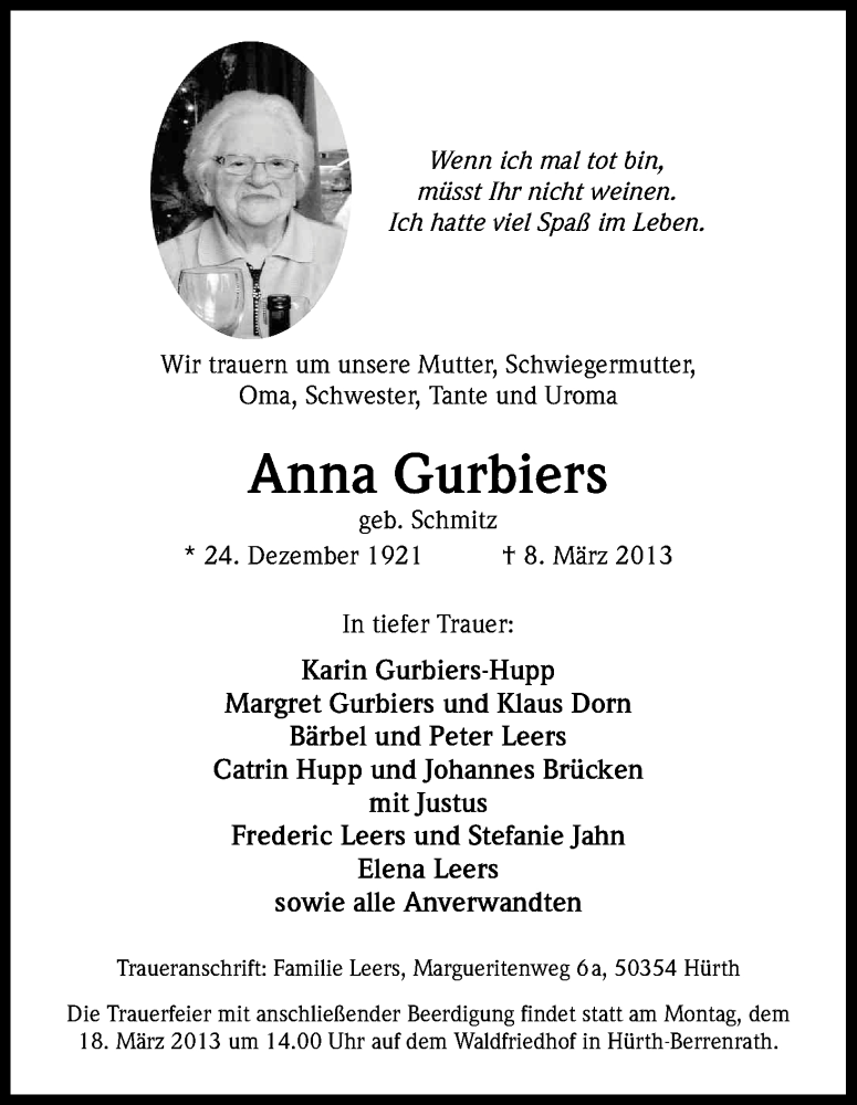  Traueranzeige für Anna Gurbiers vom 16.03.2013 aus Kölner Stadt-Anzeiger / Kölnische Rundschau / Express