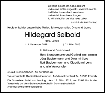 Anzeige von Hildegard Seibold von Kölner Stadt-Anzeiger / Kölnische Rundschau / Express