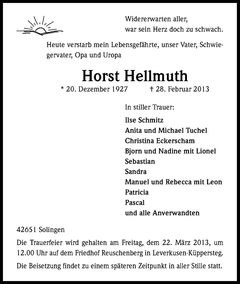  Traueranzeige für Horst Hellmuth vom 16.03.2013 aus Kölner Stadt-Anzeiger / Kölnische Rundschau / Express