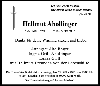 Anzeige von Hellmut Ahollinger von Kölner Stadt-Anzeiger / Kölnische Rundschau / Express
