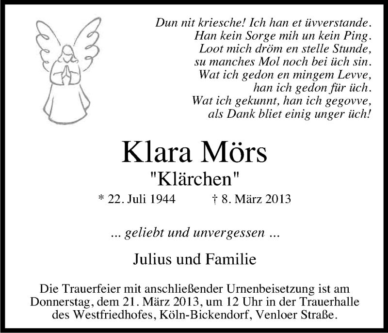  Traueranzeige für Klara Mörs vom 16.03.2013 aus Kölner Stadt-Anzeiger / Kölnische Rundschau / Express
