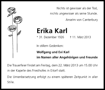 Anzeige von Erika Karl von Kölner Stadt-Anzeiger / Kölnische Rundschau / Express