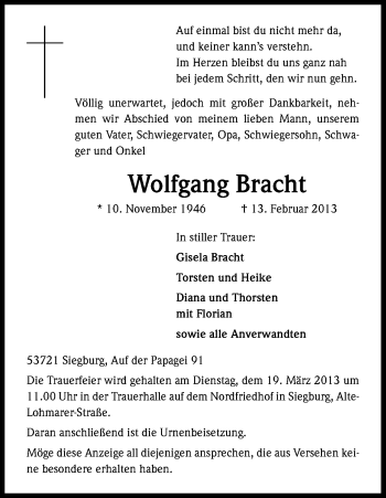 Anzeige von Wolfgang Bracht von Kölner Stadt-Anzeiger / Kölnische Rundschau / Express
