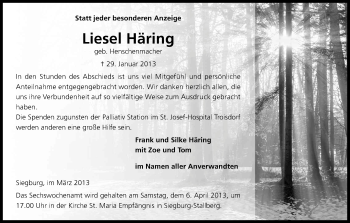 Anzeige von Liesel Häring von Kölner Stadt-Anzeiger / Kölnische Rundschau / Express