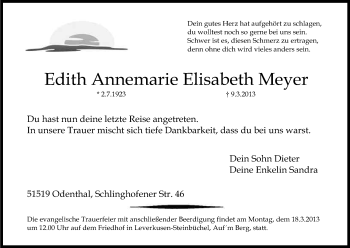 Anzeige von Edith Annemarie Elisabeth Meyer von Kölner Stadt-Anzeiger / Kölnische Rundschau / Express