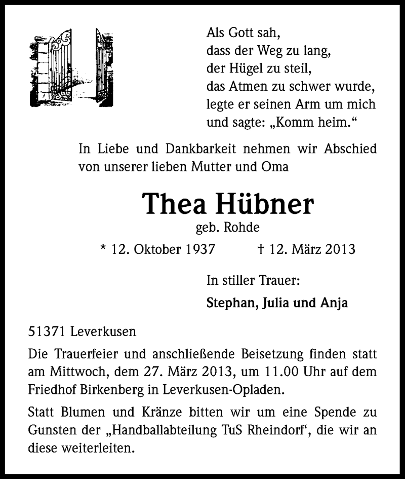  Traueranzeige für Thea Hübner vom 16.03.2013 aus Kölner Stadt-Anzeiger / Kölnische Rundschau / Express