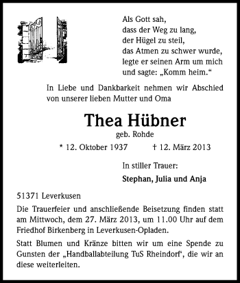 Anzeige von Thea Hübner von Kölner Stadt-Anzeiger / Kölnische Rundschau / Express