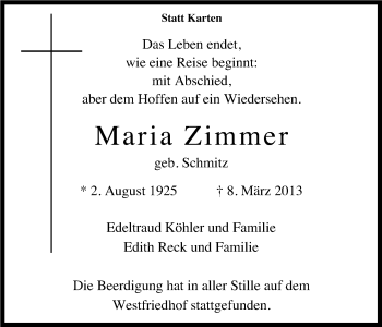 Anzeige von Maria Zimmer von Kölner Stadt-Anzeiger / Kölnische Rundschau / Express