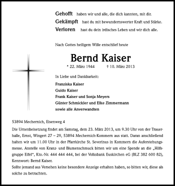 Anzeige von Bernd Kaiser von Kölner Stadt-Anzeiger / Kölnische Rundschau / Express
