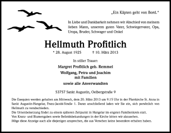 Anzeige von Hellmuth Profitlich von Kölner Stadt-Anzeiger / Kölnische Rundschau / Express