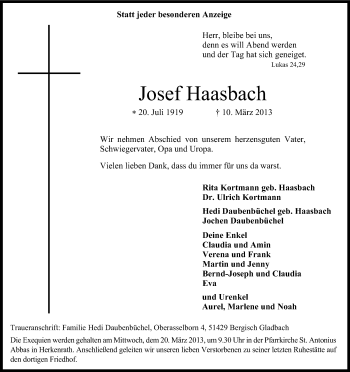 Anzeige von Josef Haasbach von Kölner Stadt-Anzeiger / Kölnische Rundschau / Express