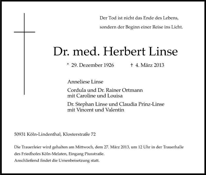  Traueranzeige für Herbert Linse vom 23.03.2013 aus Kölner Stadt-Anzeiger / Kölnische Rundschau / Express