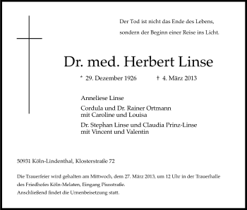 Anzeige von Herbert Linse von Kölner Stadt-Anzeiger / Kölnische Rundschau / Express