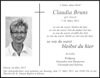 Anzeige von Claudia Bruns von Kölner Stadt-Anzeiger / Kölnische Rundschau / Express
