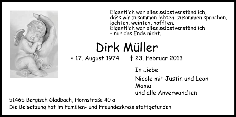  Traueranzeige für Dirk Müller vom 16.03.2013 aus Kölner Stadt-Anzeiger / Kölnische Rundschau / Express