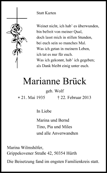 Anzeige von Marianne Brück von Kölner Stadt-Anzeiger / Kölnische Rundschau / Express