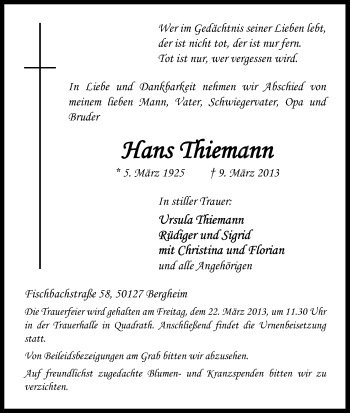 Anzeige von Hans Thiemann von Kölner Stadt-Anzeiger / Kölnische Rundschau / Express
