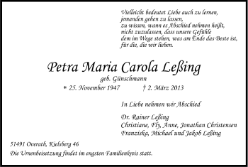 Anzeige von Petra Maria Carola Leßing von Kölner Stadt-Anzeiger / Kölnische Rundschau / Express
