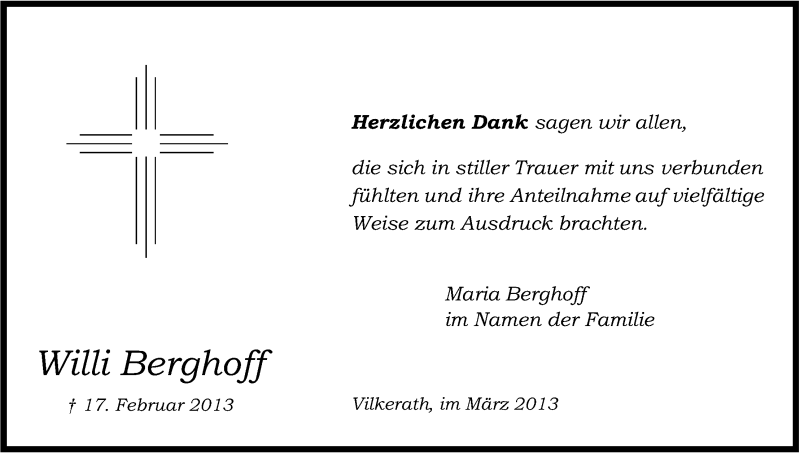  Traueranzeige für Willi Berghoff vom 16.03.2013 aus Kölner Stadt-Anzeiger / Kölnische Rundschau / Express