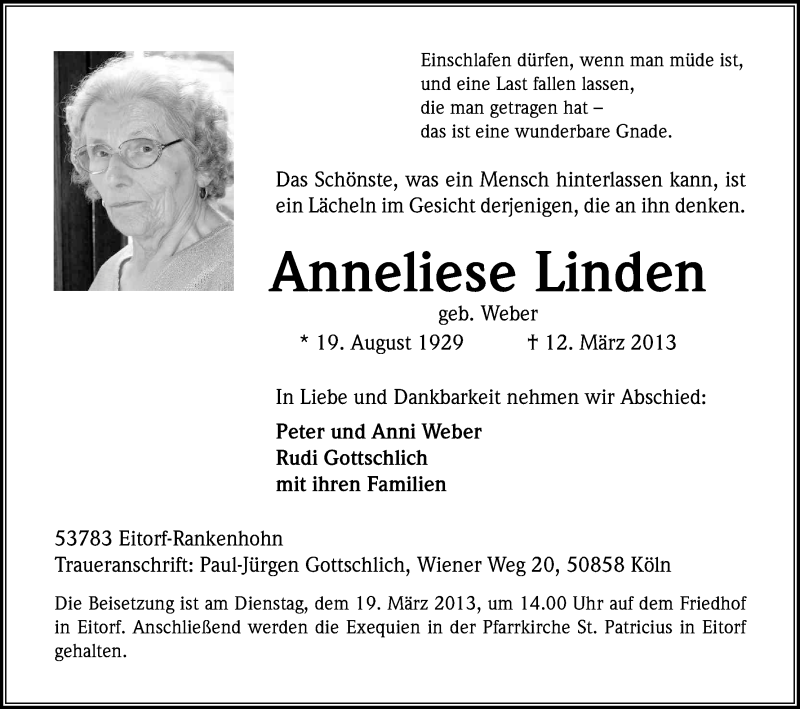  Traueranzeige für Anneliese Linden vom 16.03.2013 aus Kölner Stadt-Anzeiger / Kölnische Rundschau / Express