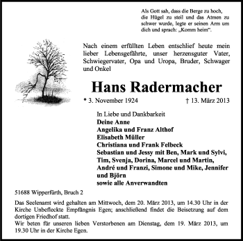 Anzeige von Hans Radermacher von Kölner Stadt-Anzeiger / Kölnische Rundschau / Express