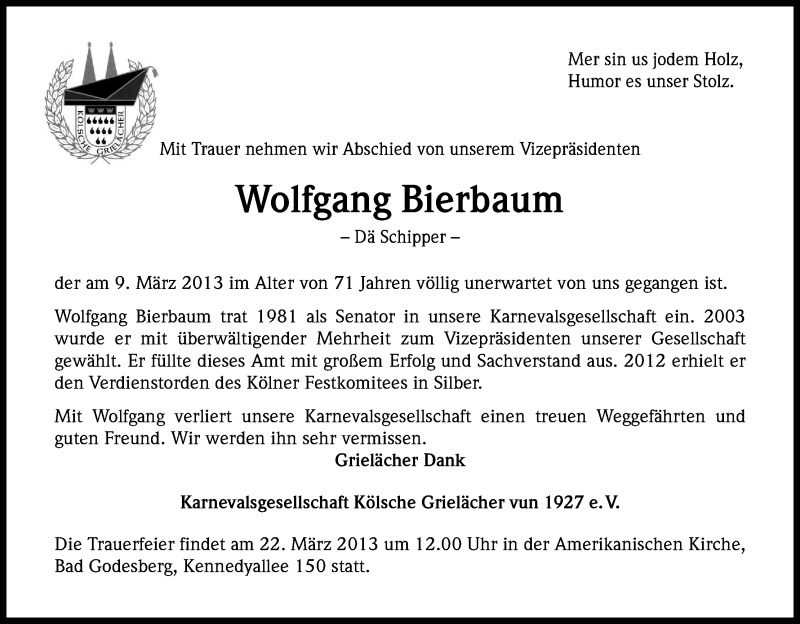  Traueranzeige für Wolfgang Bierbaum vom 18.03.2013 aus Kölner Stadt-Anzeiger / Kölnische Rundschau / Express