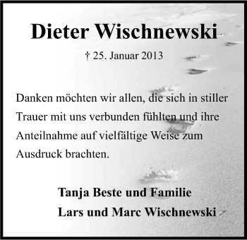Anzeige von Dieter Wischnewski von Kölner Stadt-Anzeiger / Kölnische Rundschau / Express