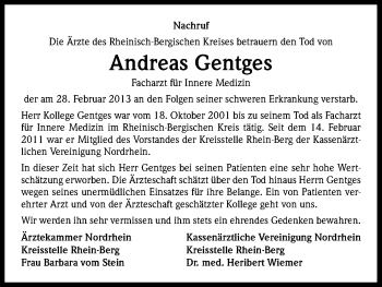Anzeige von Andreas Gentges von Kölner Stadt-Anzeiger / Kölnische Rundschau / Express
