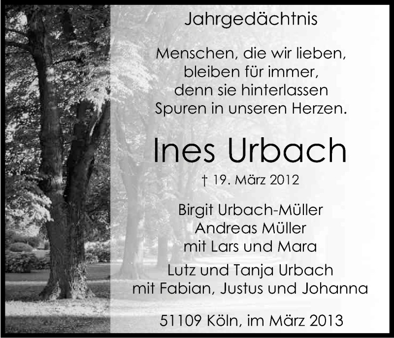  Traueranzeige für Ines Urbach vom 19.03.2013 aus Kölner Stadt-Anzeiger / Kölnische Rundschau / Express