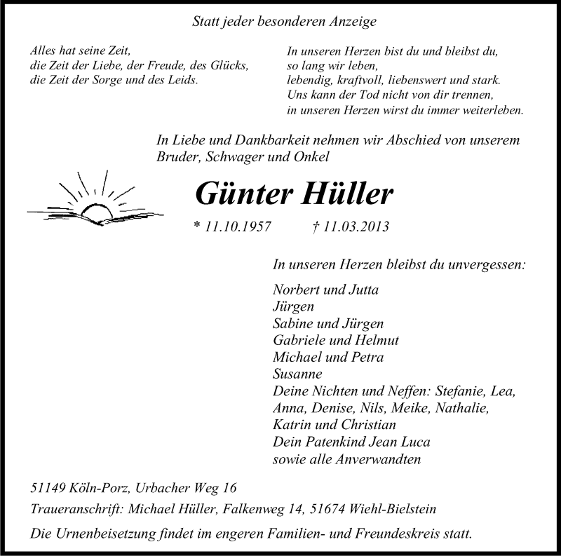  Traueranzeige für Günter Hüller vom 16.03.2013 aus Kölner Stadt-Anzeiger / Kölnische Rundschau / Express