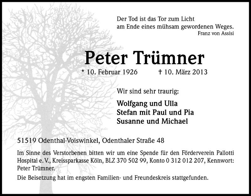  Traueranzeige für Peter Trümner vom 23.03.2013 aus Kölner Stadt-Anzeiger / Kölnische Rundschau / Express