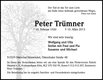 Anzeige von Peter Trümner von Kölner Stadt-Anzeiger / Kölnische Rundschau / Express
