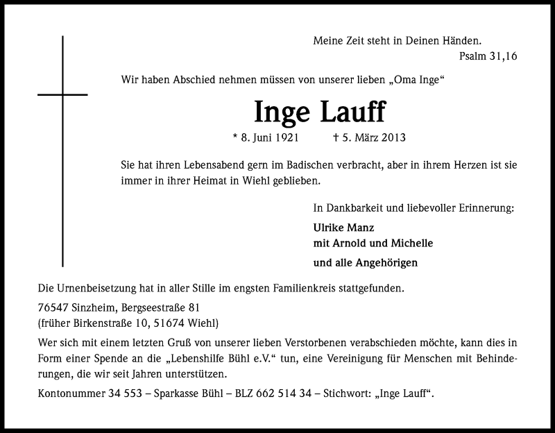  Traueranzeige für Inge Lauff vom 18.03.2013 aus Kölner Stadt-Anzeiger / Kölnische Rundschau / Express