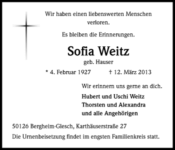 Anzeige von Sofia Weitz von Kölner Stadt-Anzeiger / Kölnische Rundschau / Express