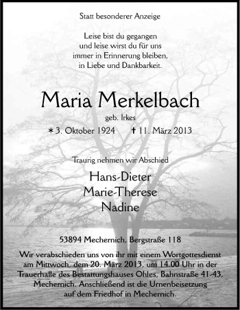 Anzeige von Maria Merkelbach von Kölner Stadt-Anzeiger / Kölnische Rundschau / Express